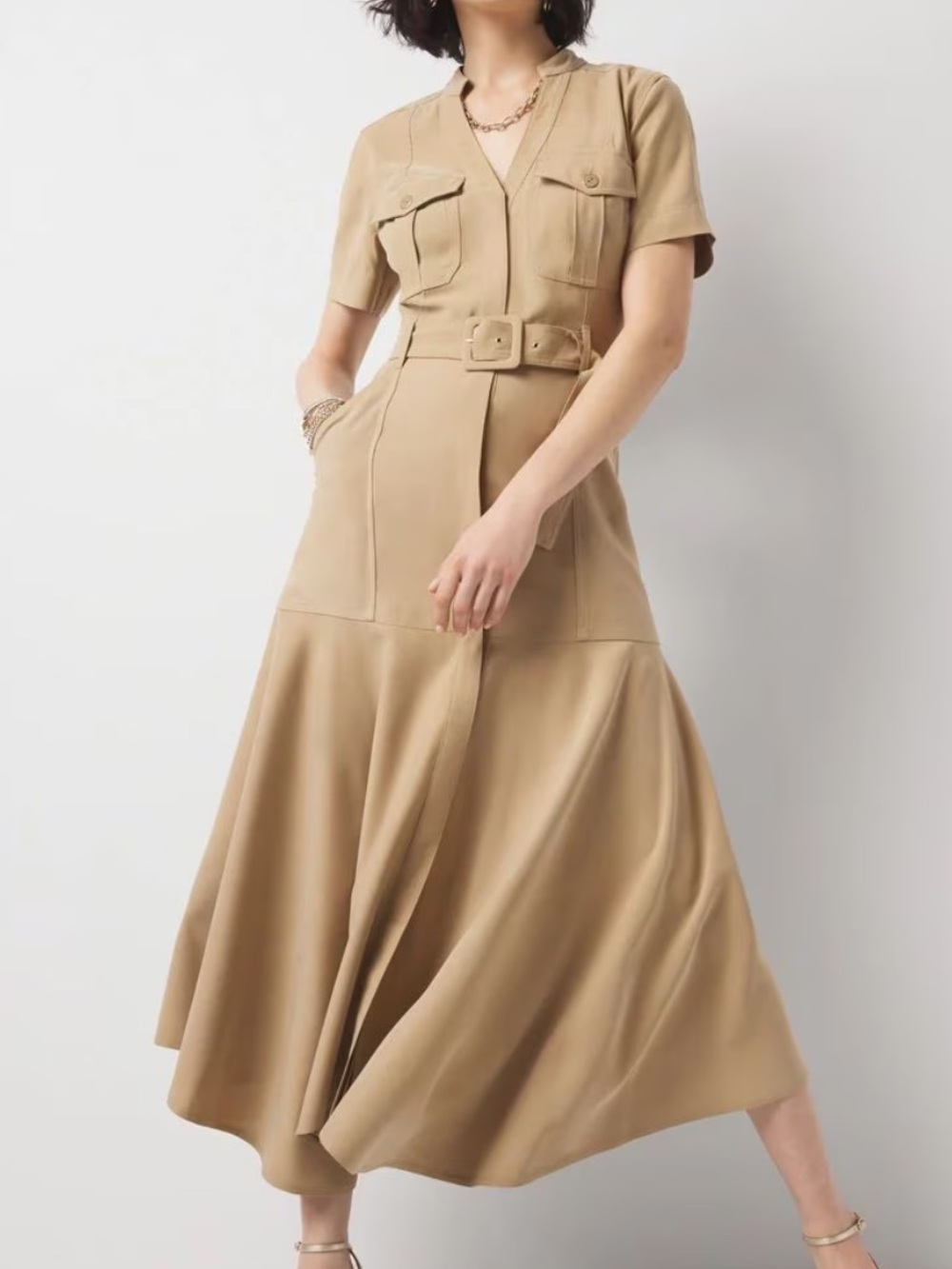 White House Black Market Camel Utility Belted Midi Dress